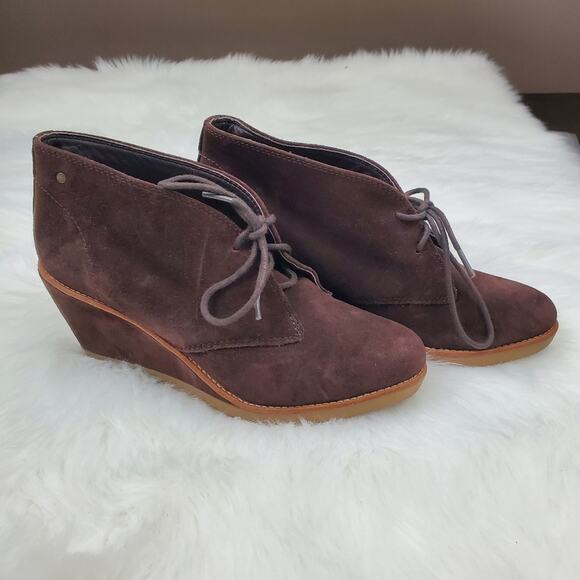Coach Suede Wedge Booties Cassy Size 9 Chocolate Brown Lace Up Booties $225